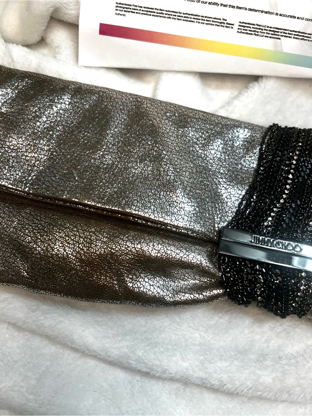 Jimmy Choo Chain-Link Suede Chandra Clutch Gray And Black Chain Authentic COA - Picture 3 of 15